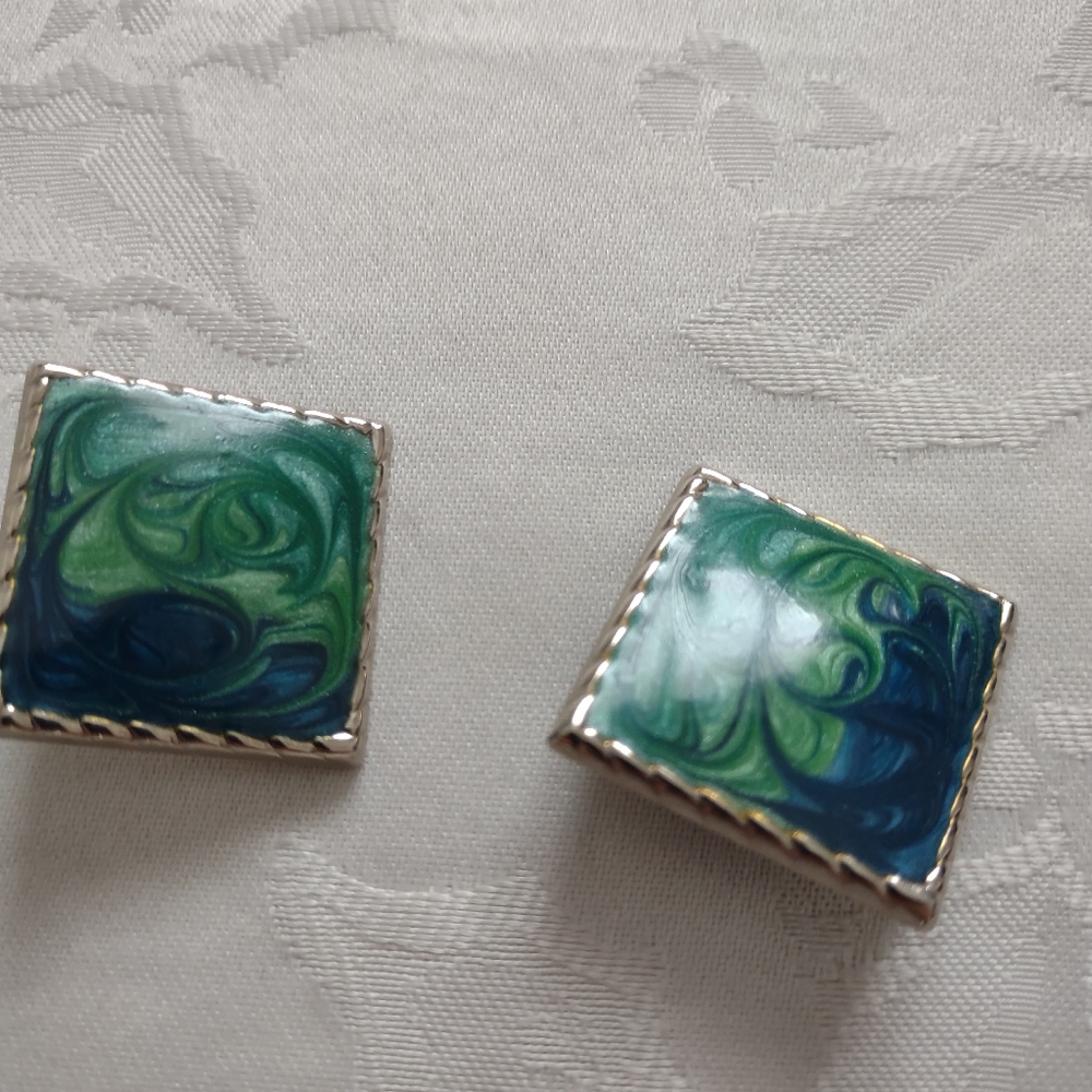Square enamel metal swirl blue green abstract earrings vintage